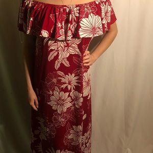 Red Off-the-shoulder Palmflower ankle length Dress